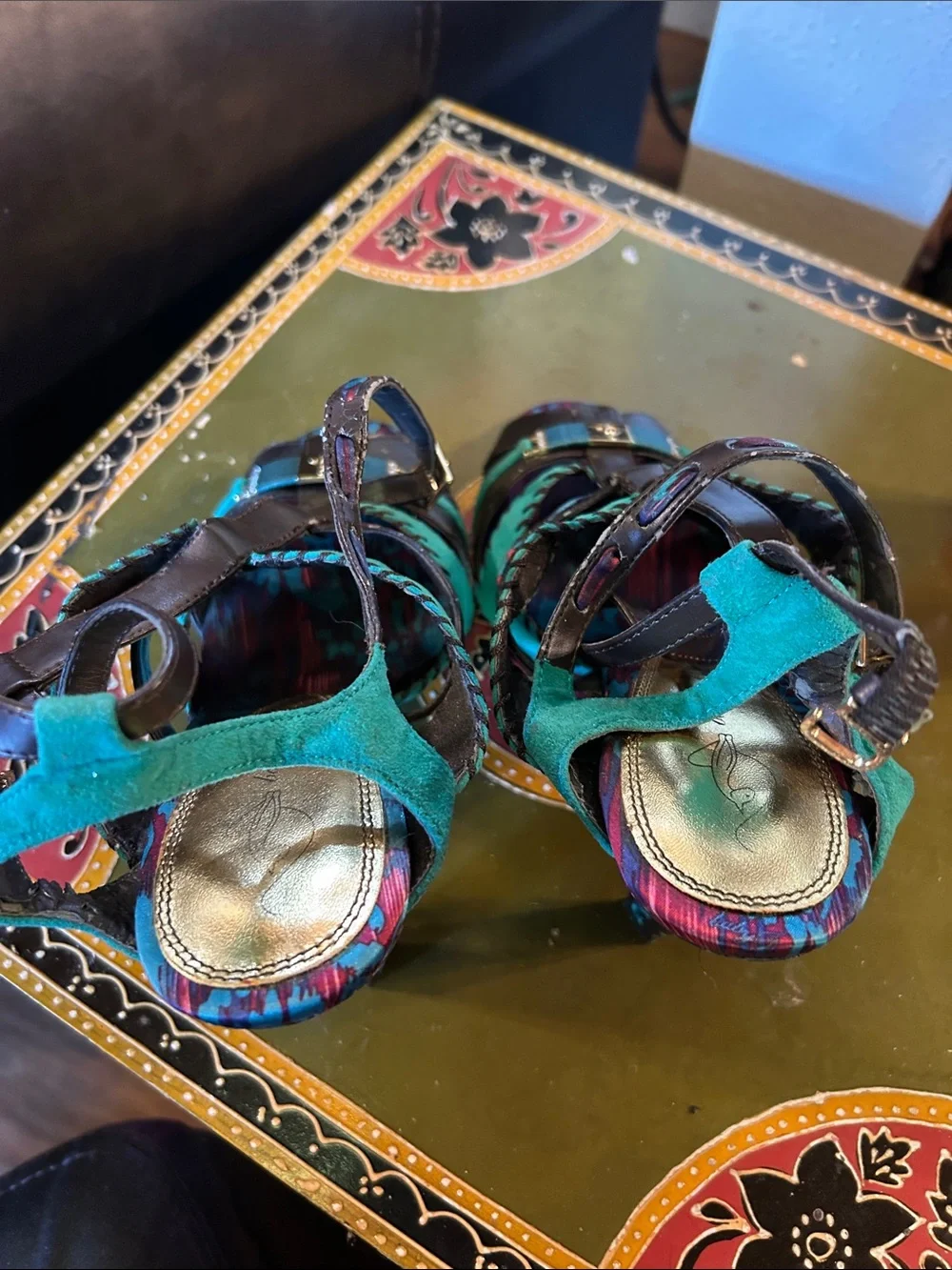 Baby Phat Teal and Black Strappy High Heel Sandals